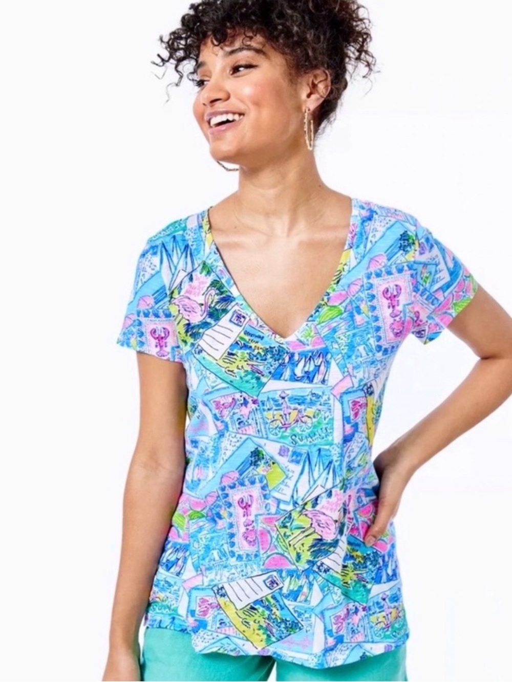 Lilly Pulitzer Women's “M” Multicolor Postcard Print V-Neck Short Sleeve Tee Top